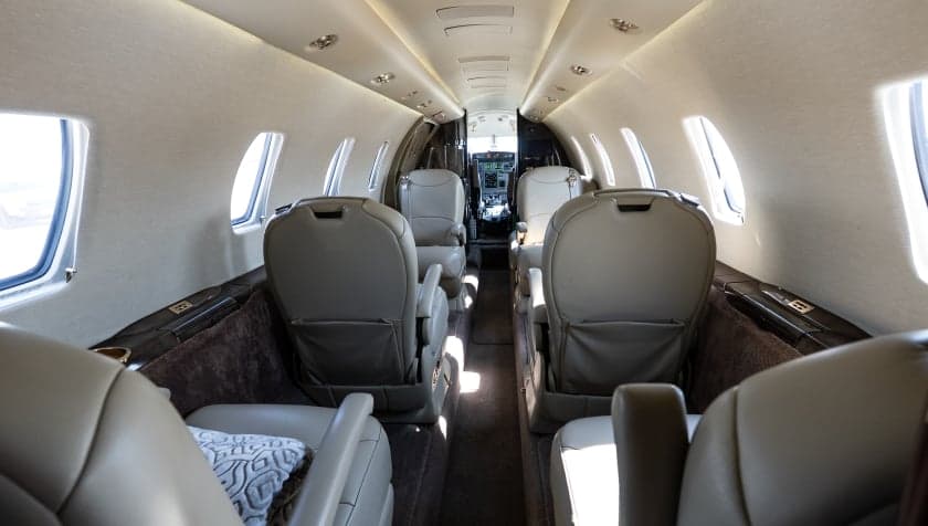 Forward view of the cabin seats in the Cessna Citation CJ3.