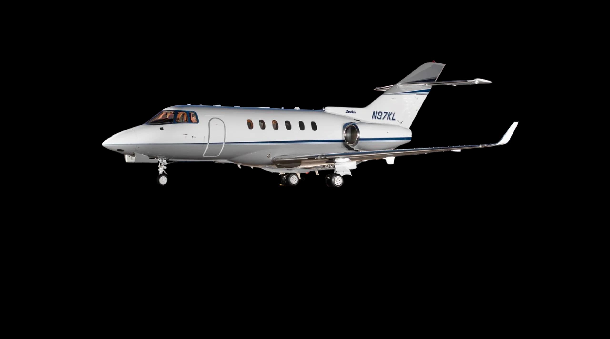 Side view of N97KL aircraft with white and blue paint scheme.