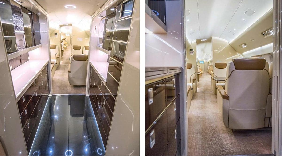 A view of the aircraft's interior, featuring cabinets and seating.