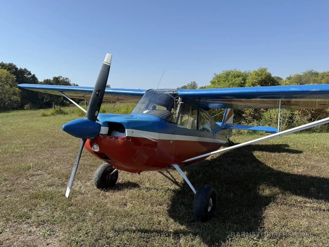 A red and blue high-wing aircraft with registration N602Z is parked on a grassy field, viewed from the front.