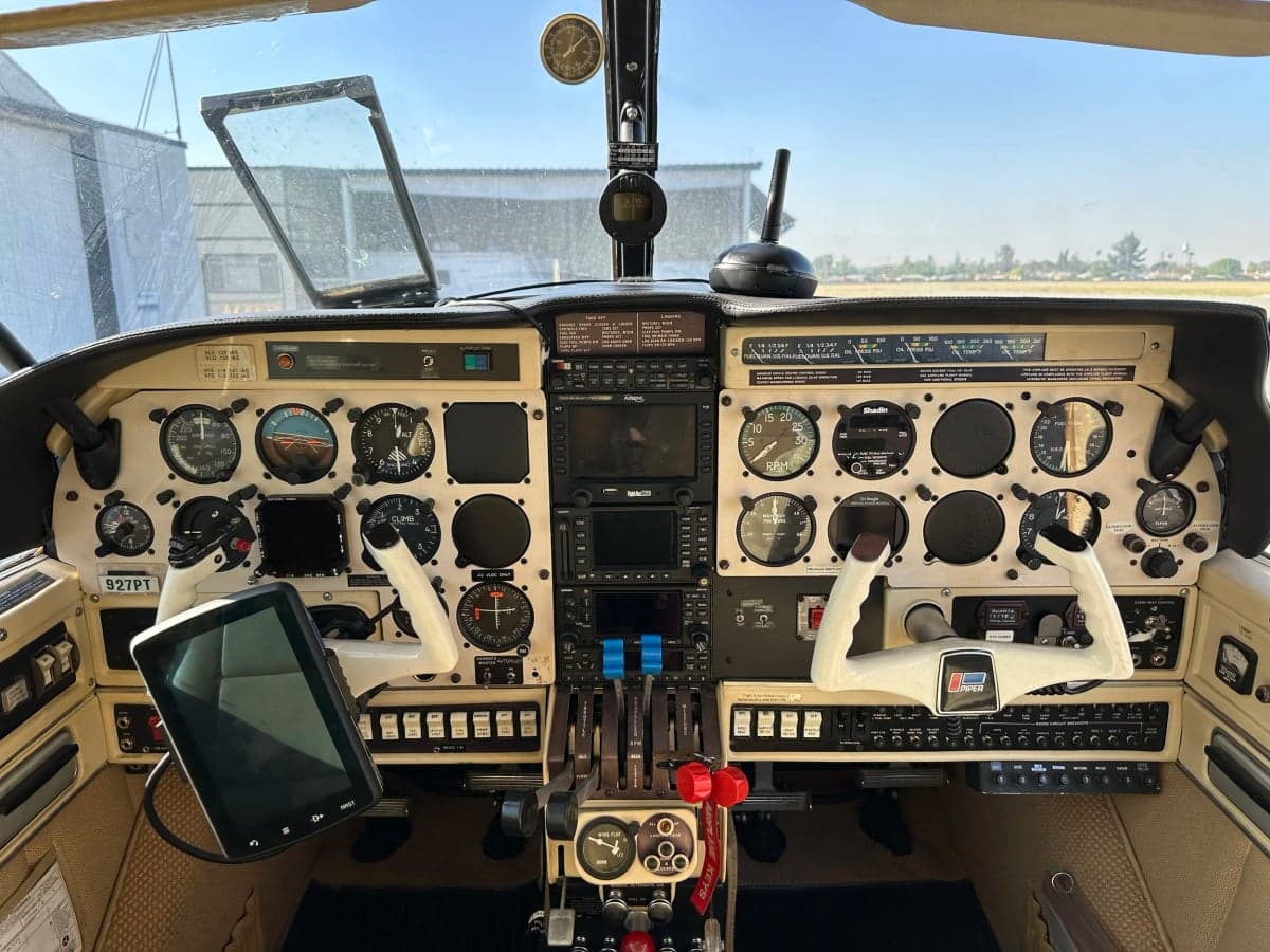 View of the aircraft's instrument panel and controls.