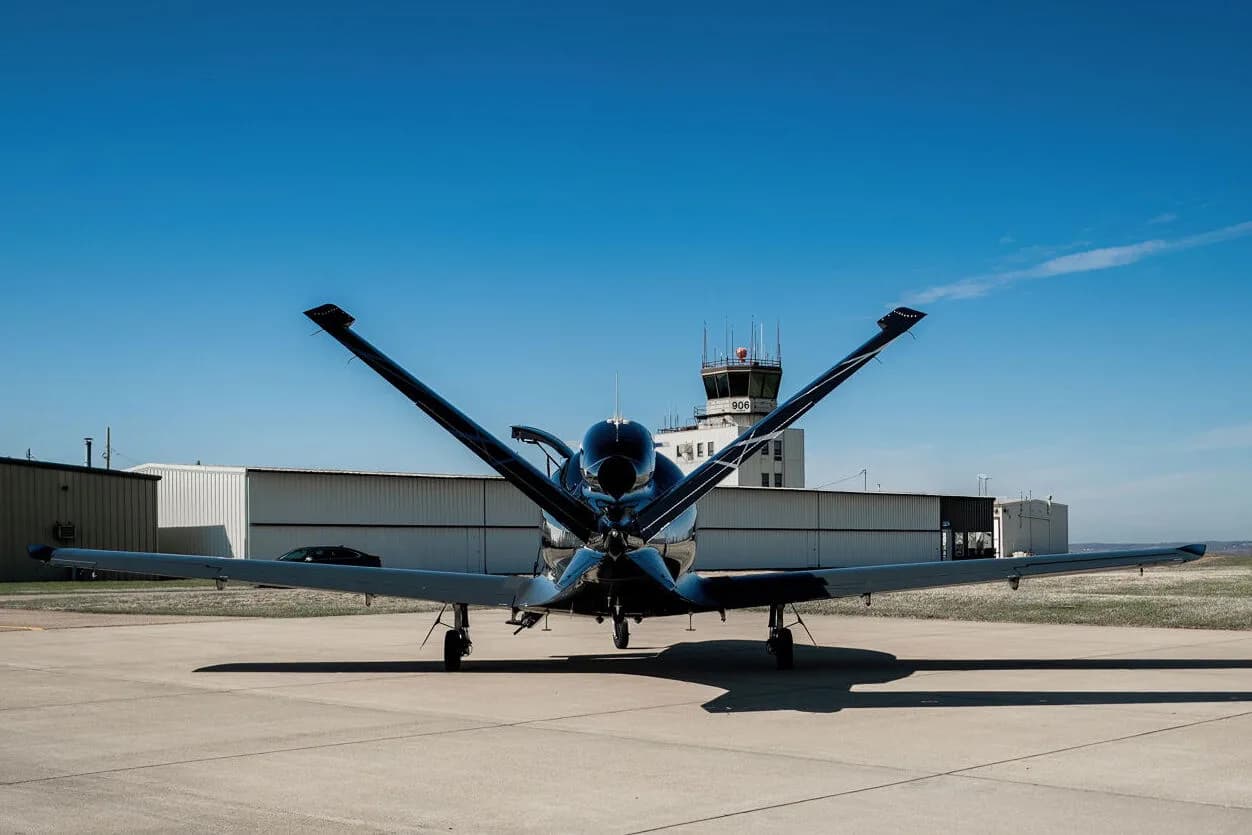 Frontal view of a black Cirrus Vision Jet (N71AB) parked on an airport tarmac with an air traffic control tower in the background.