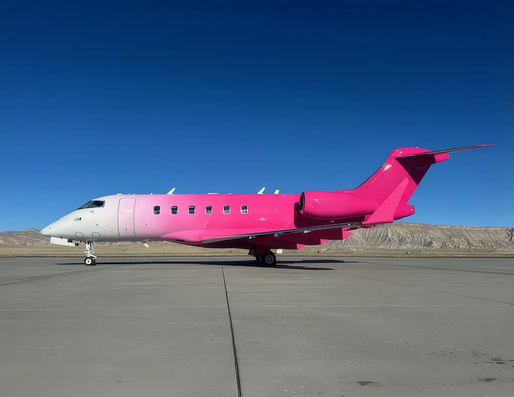 A Bombardier Challenger 605 business jet with a pink and white gradient paint scheme parked on an airfield.