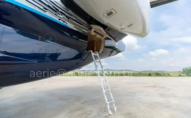 A close-up view of an open access panel under the fuselage of the aircraft with a ladder extended to the ground.