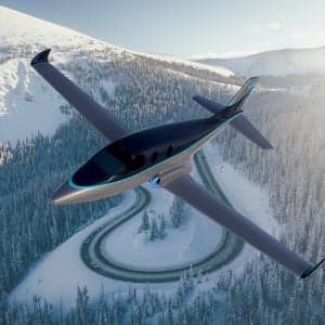 A rendering of an aircraft flying over a snowy mountain road.