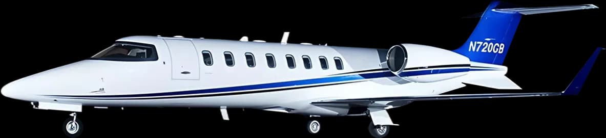A white business jet with blue stripes and tail (N720GB) on a transparent background.