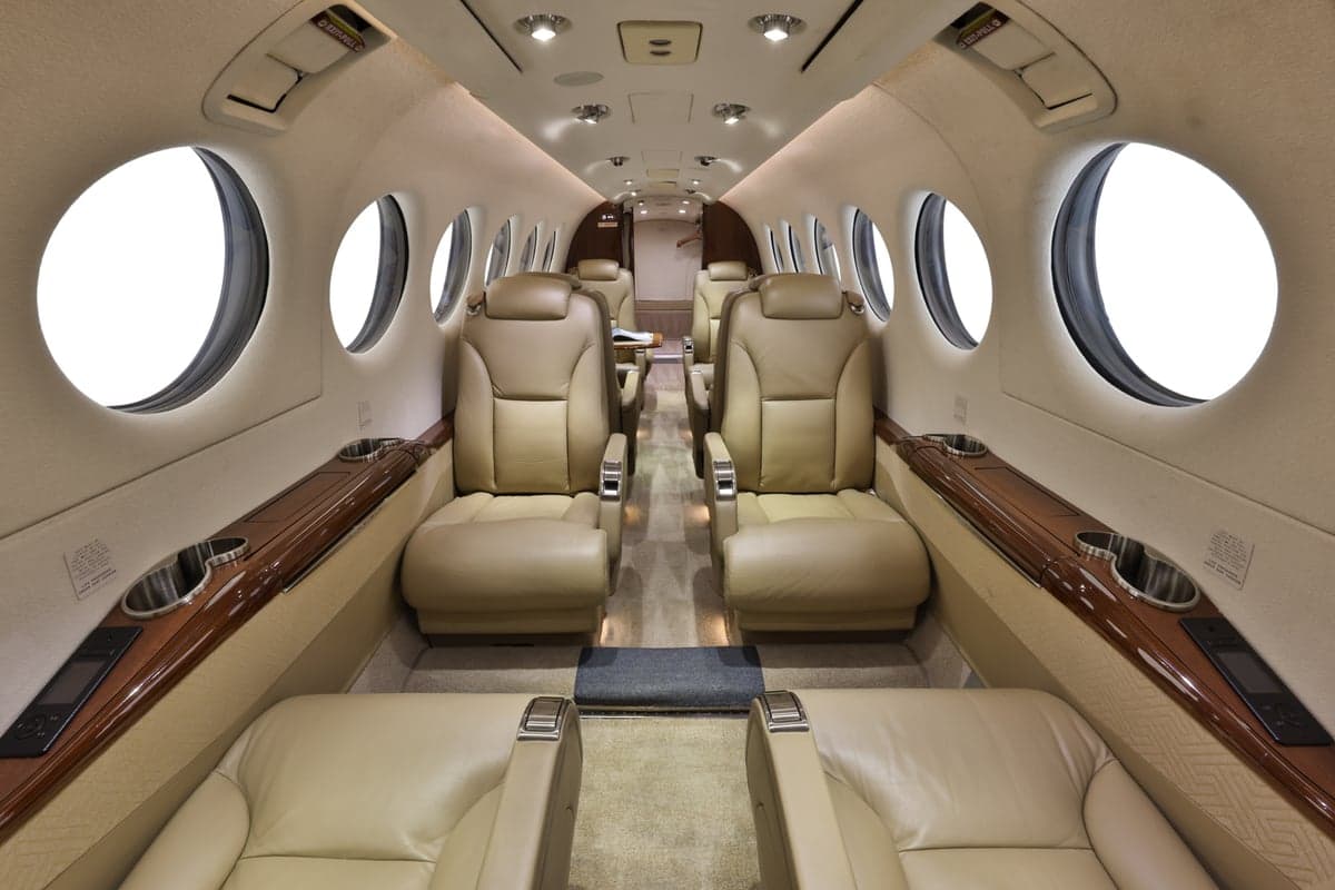 Forward view of the King Air 350 cabin interior with leather seats.