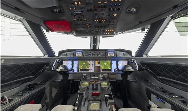 The advanced cockpit of a private jet, featuring multiple digital displays and control yokes.