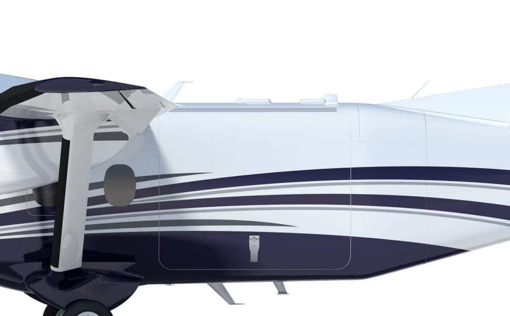 Close-up of the Cessna Skycourier exterior showing the engine and paint scheme.