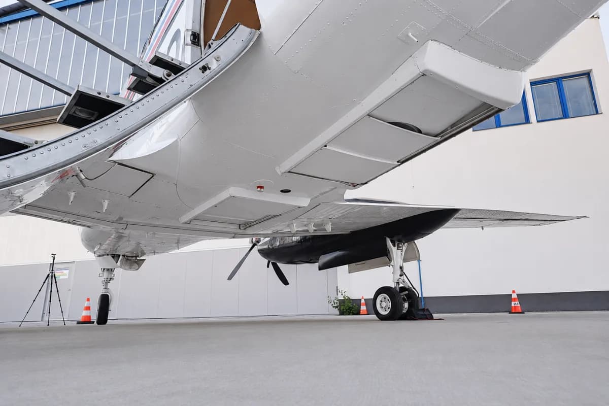 A low-angle view of the underside of a white and black twin-engine turboprop aircraft parked on the tarmac.