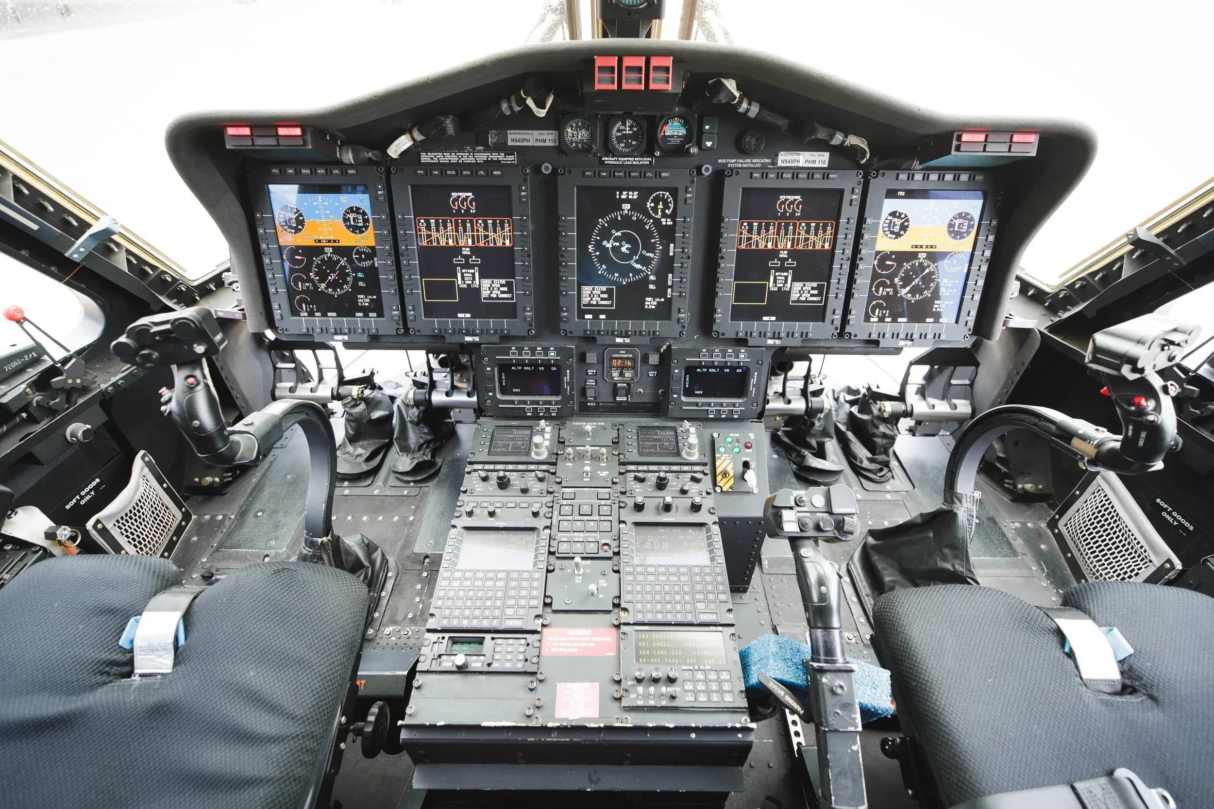 Detailed view of the helicopter cockpit instrument panel.