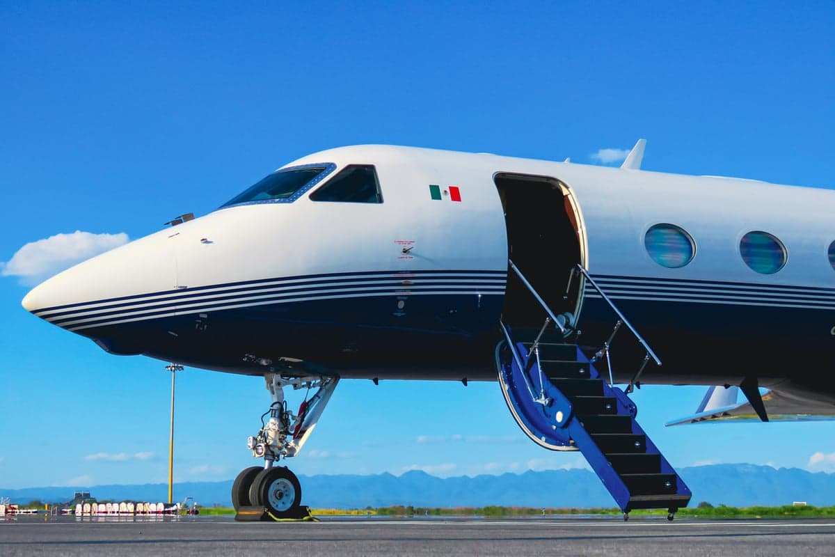 Close up of the front of the XA-OVA aircraft with stairs extended.