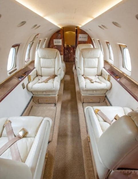 The interior of the aircraft features cream-colored leather seats.