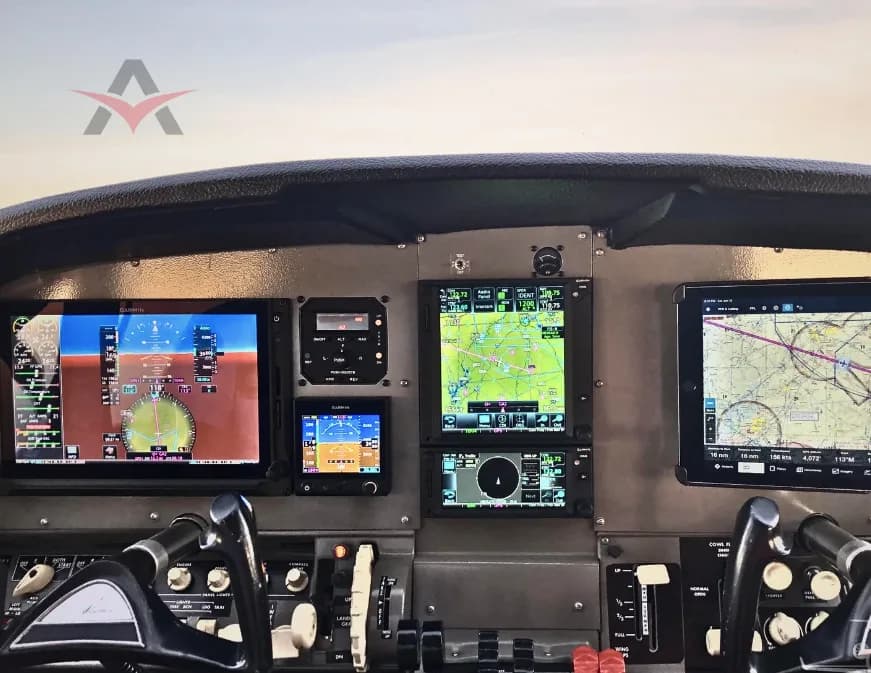 Instrument panel of an aircraft with Garmin avionics.