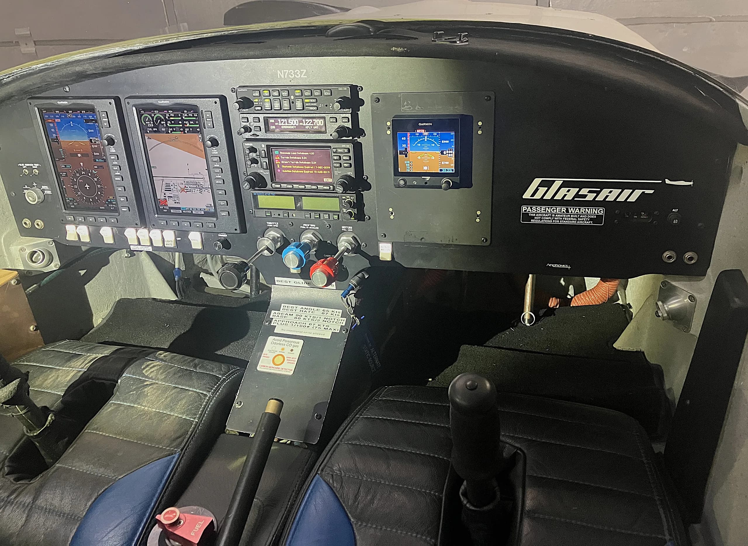 The cockpit of the Glasair Sportsman aircraft, showing the instrument panel and controls.
