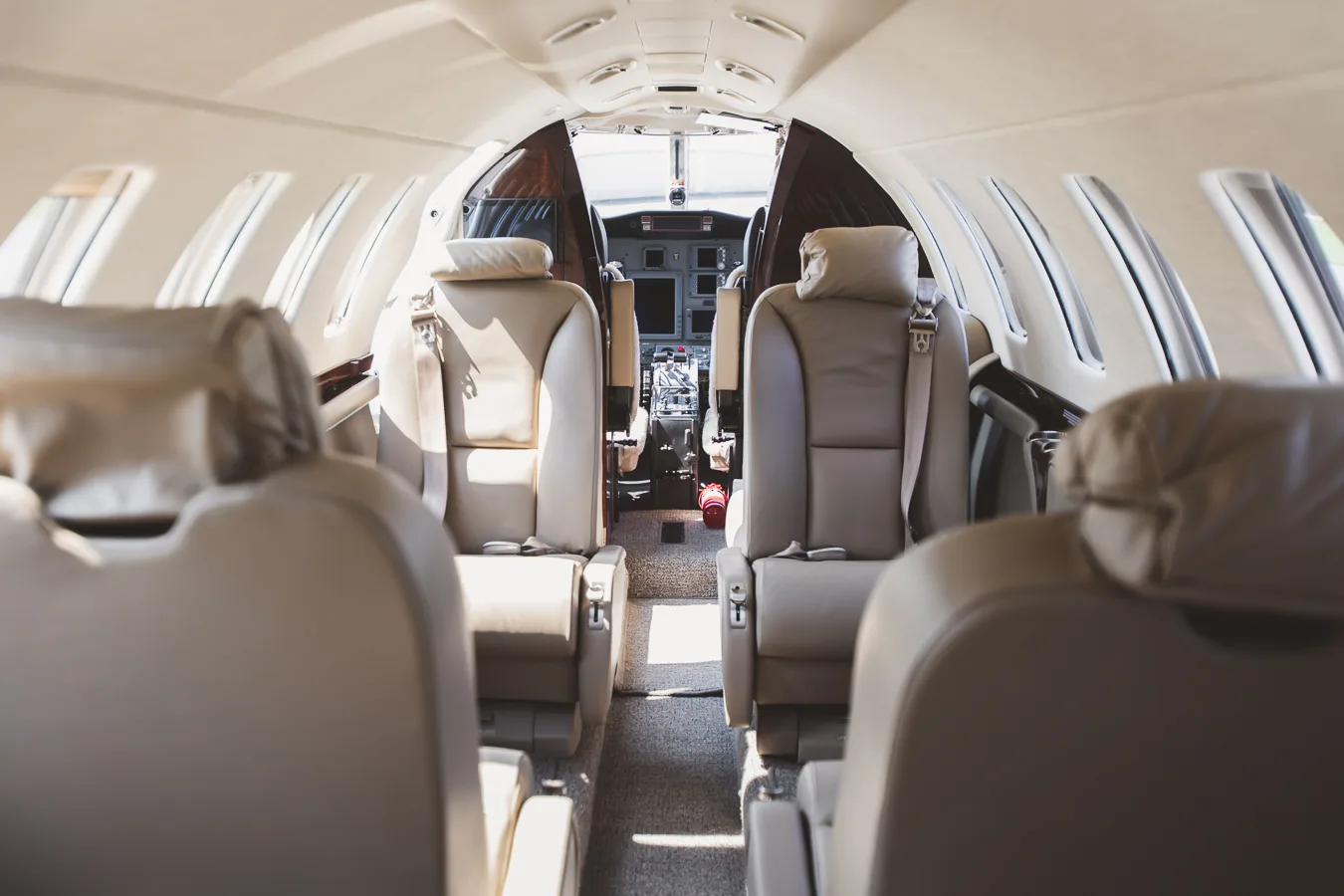 View of the aircraft cabin looking towards the cockpit.