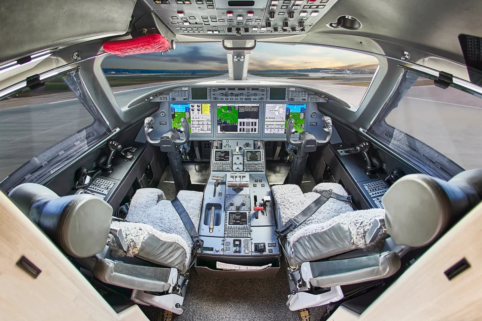 View of the aircraft cockpit instrument panel.