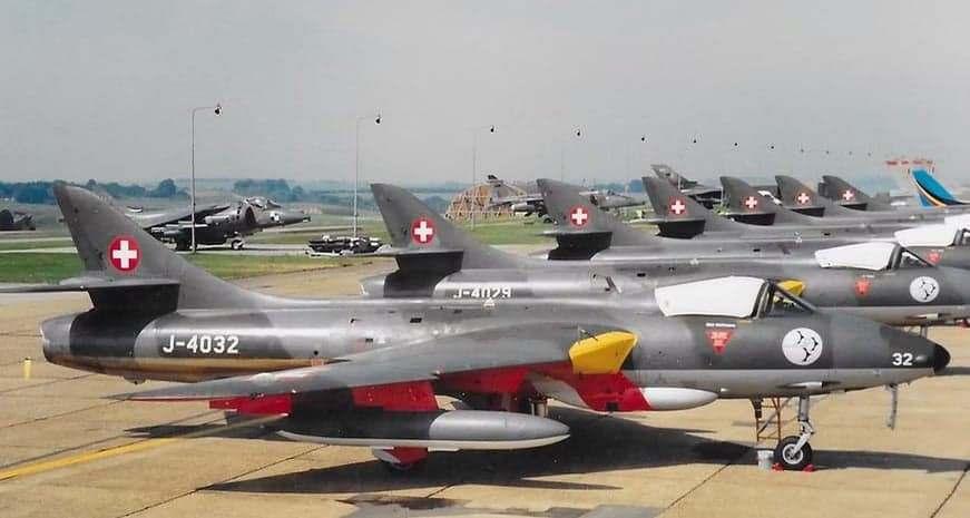 Hawker Hunter J-4032 in flight with Swiss Air Force markings.