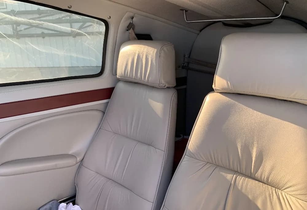 The rear cabin of the aircraft features two light gray leather seats and a view out the window.