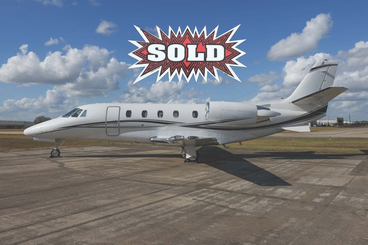 A Citation CJ3 aircraft is parked on the tarmac with a SOLD graphic overlayed.