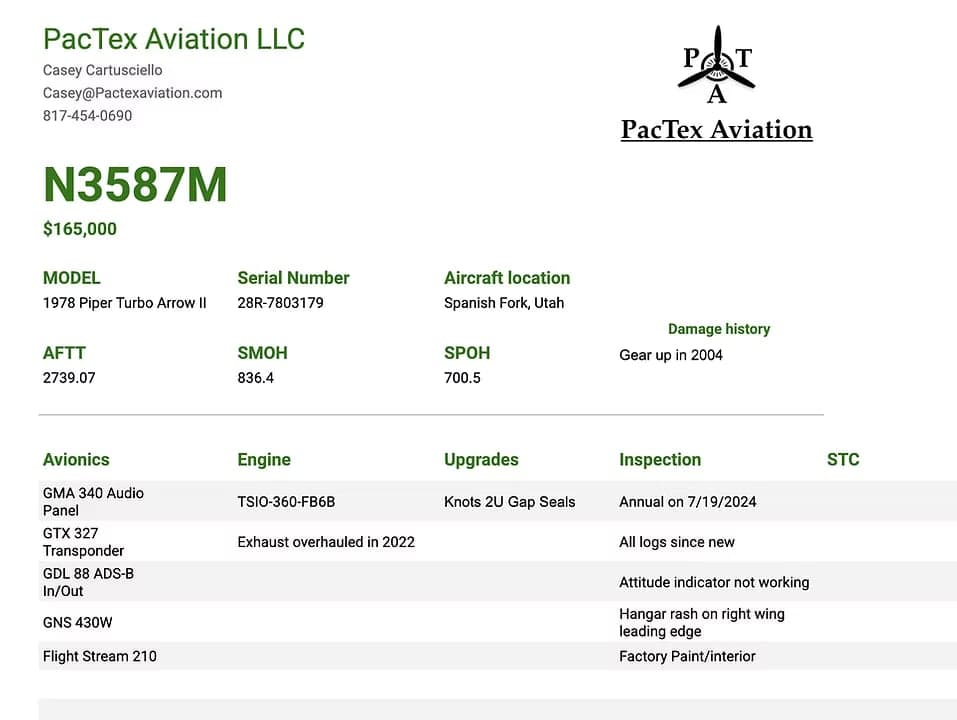 Aircraft listing details for N3587M, a 1978 Piper Turbo Arrow II.