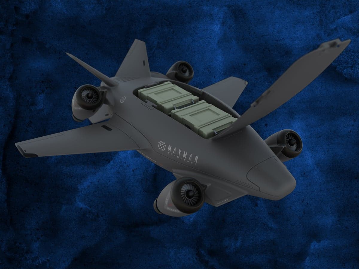 Mayman Aerospace aircraft with open cargo bay, top view.