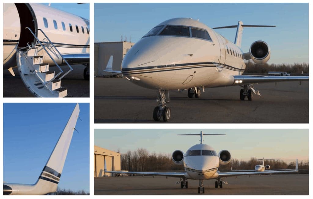 A collage showing various exterior details of a white business jet with dark blue stripes, including the main entrance, front view, and tail.