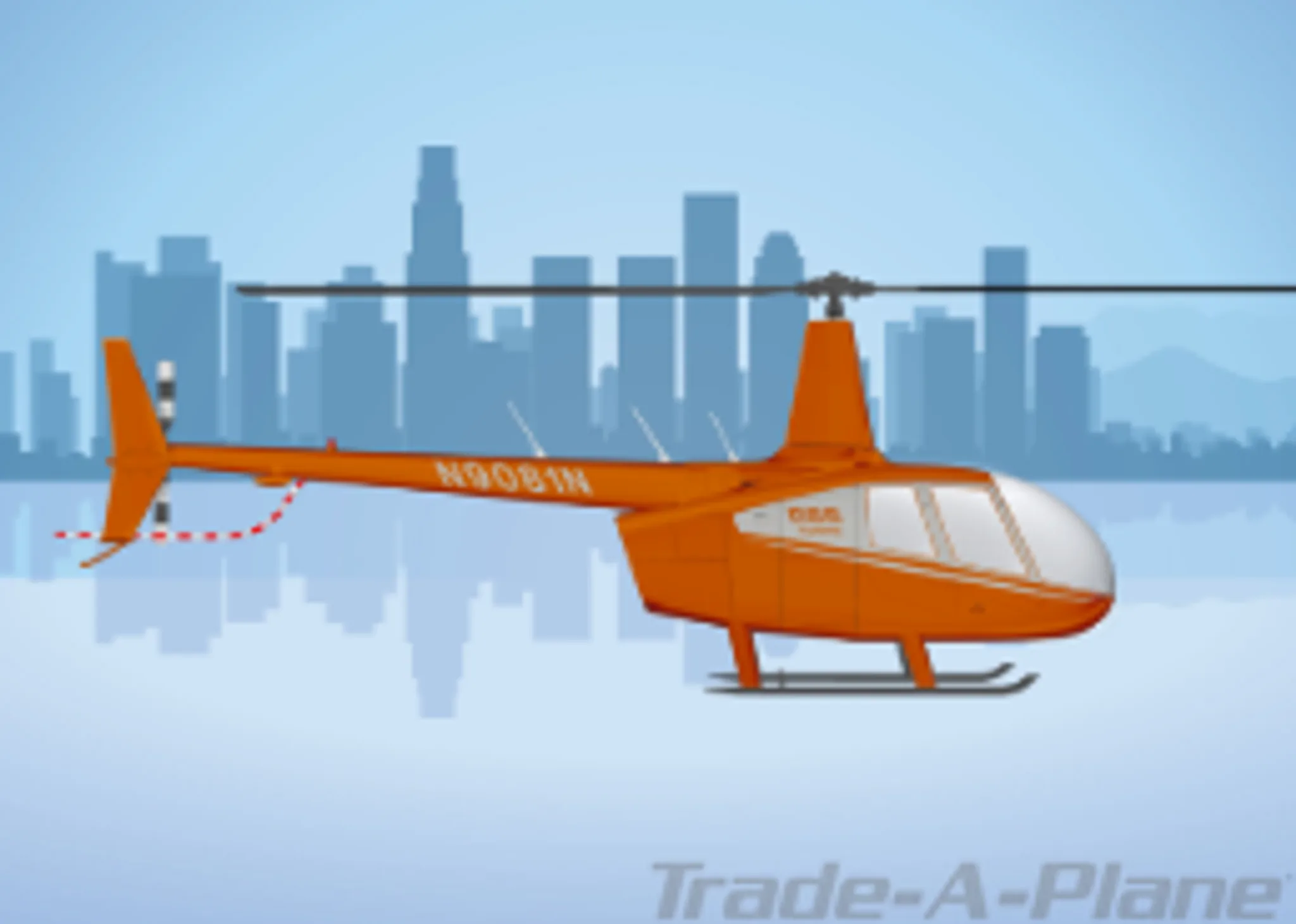 An orange Robinson R44 helicopter illustration with registration N9081N flying over a city skyline.