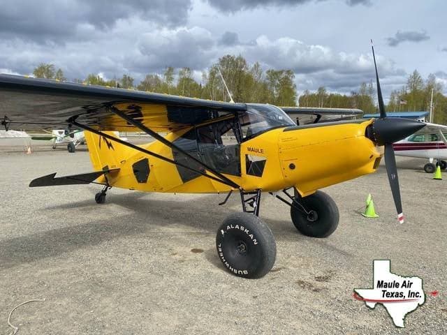 A yellow and black Maule aircraft is parked on the ground.