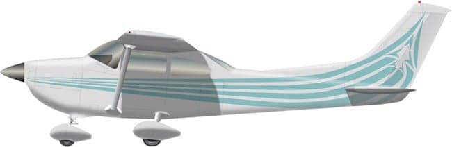 Side profile illustration of a white high-wing aircraft with teal stripes and a stylized design on the tail.