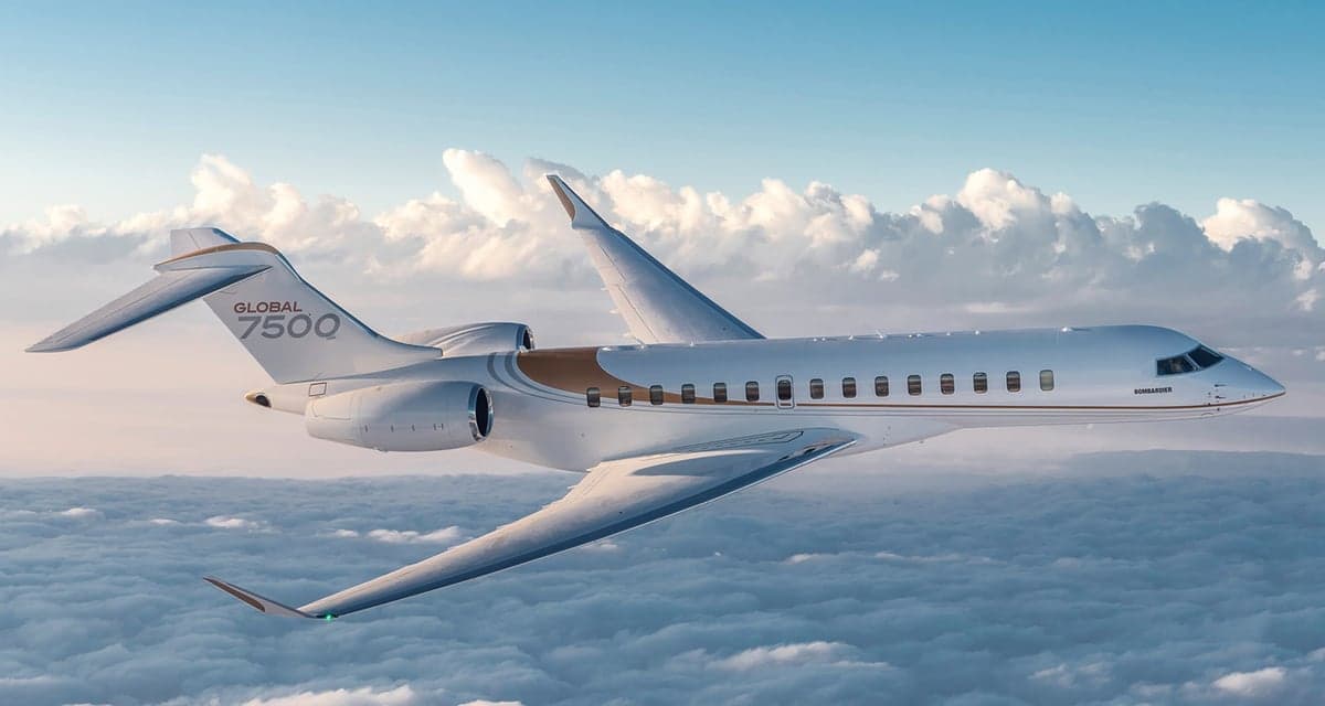 A white and gold Bombardier Global 7500 business jet flies above the clouds.