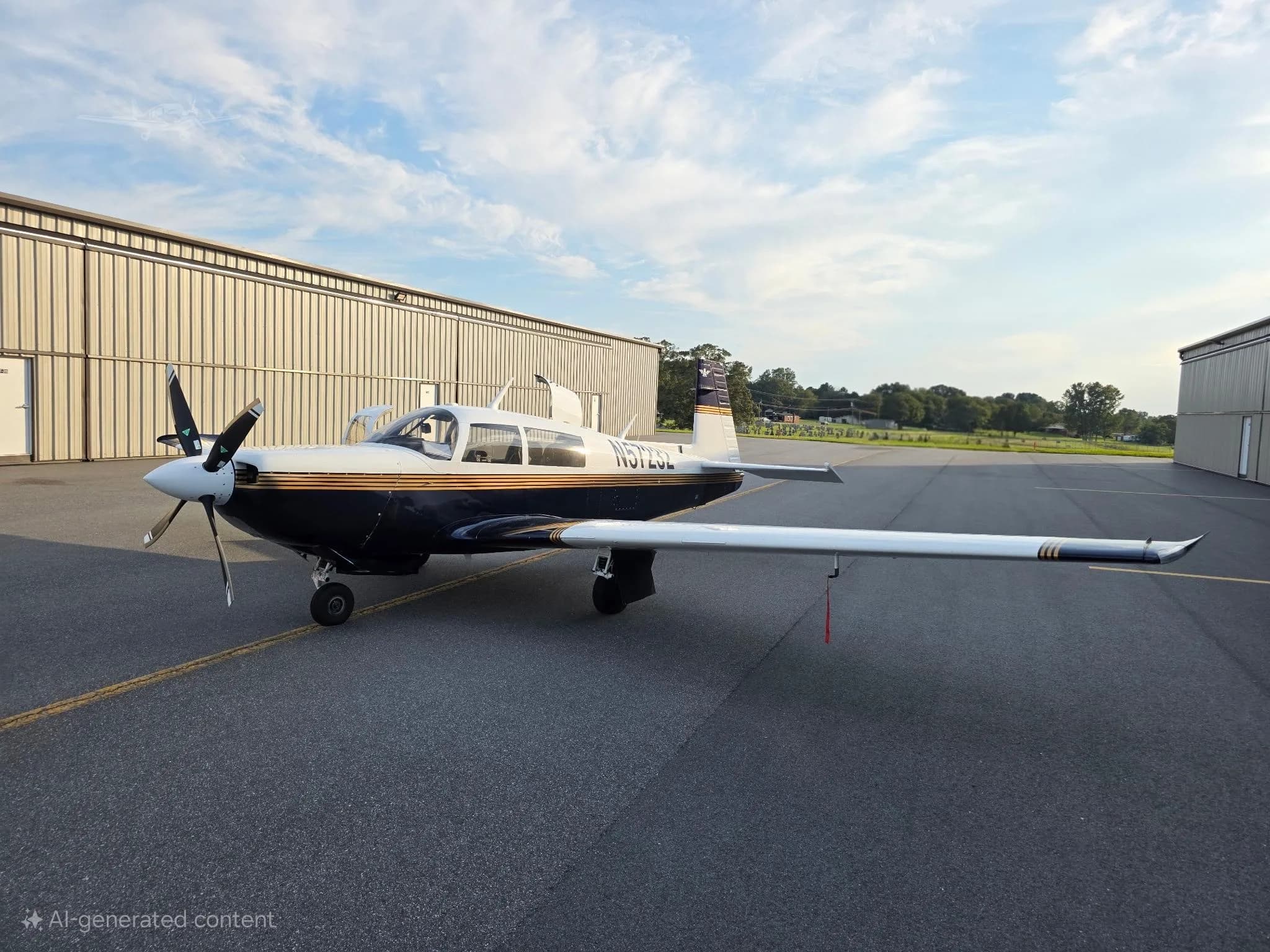 A dark blue and white single-engine Piper PA-28-181 aircraft with gold stripes parked on an asphalt apron next to a hangar under a partly cloudy sky.