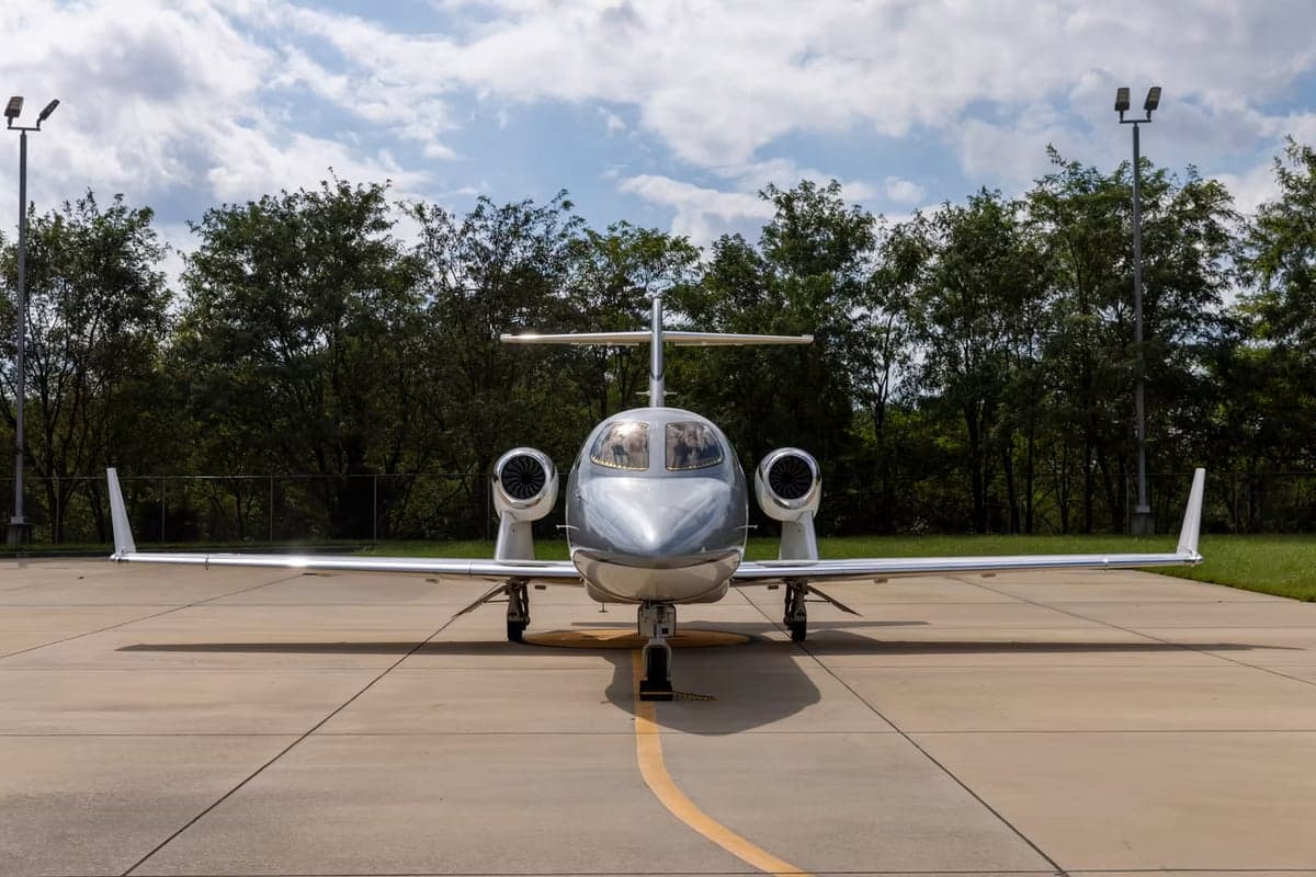 Front view of a HondaJet on the tarmac.