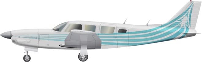 Side profile illustration of a white twin-engine propeller aircraft with light blue wavy stripes.