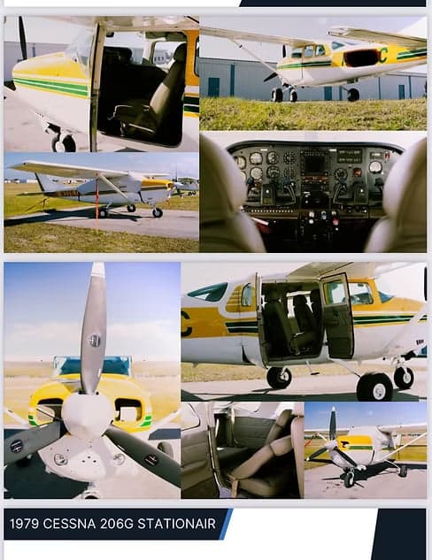 A collage of a white and yellow 1979 Cessna 206G Stationair, showing its exterior from various angles, interior cabin, and cockpit.
