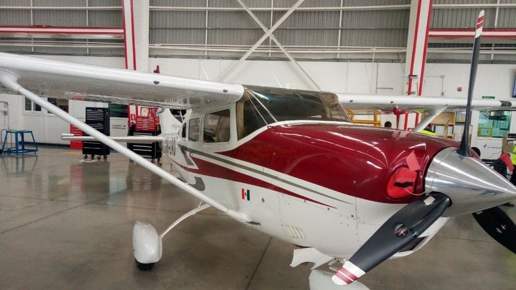 Close up of the front of the Cessna XB-LRD in a hangar.