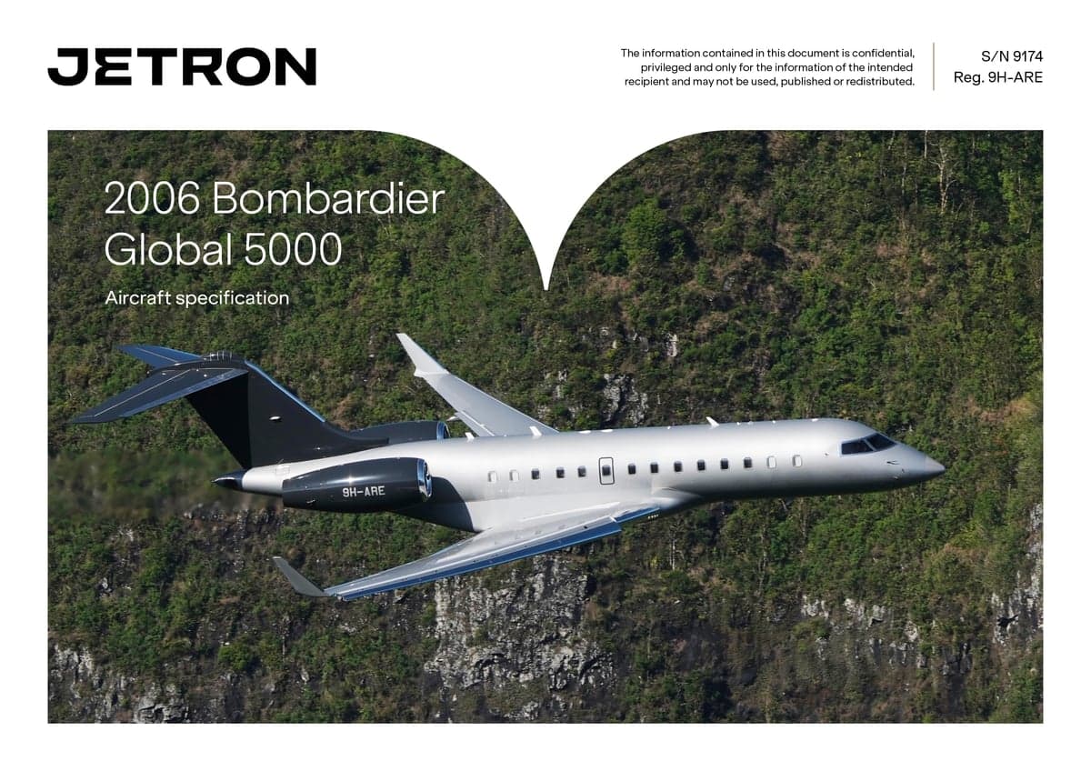 A 2006 Bombardier Global 5000 aircraft specification document with a photo of the aircraft 9H-ARE in flight.