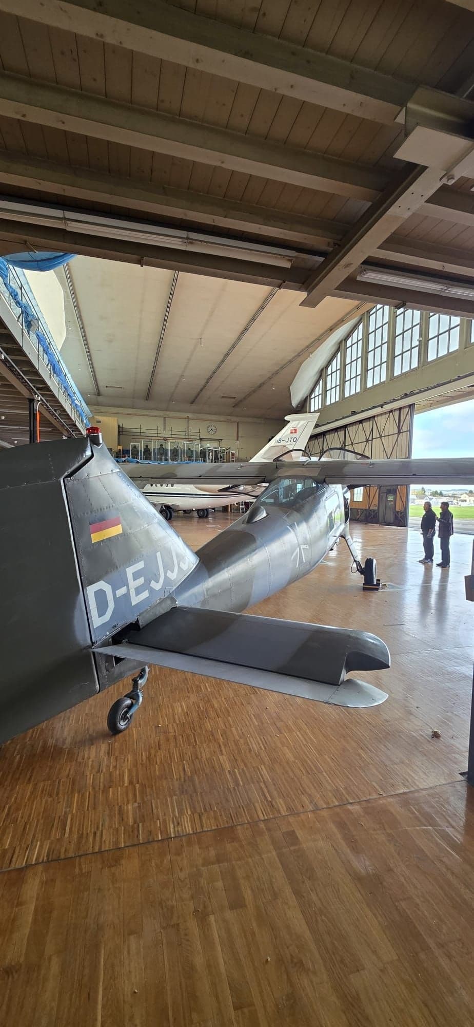 Rear view of a gray and green aircraft with German flag on the tail in a hangar.