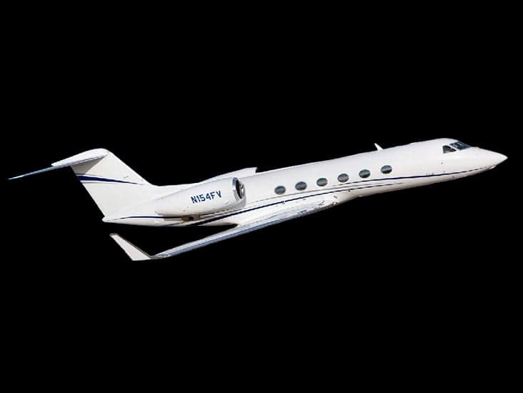 A white Gulfstream jet with registration N154FV is shown against a black background.
