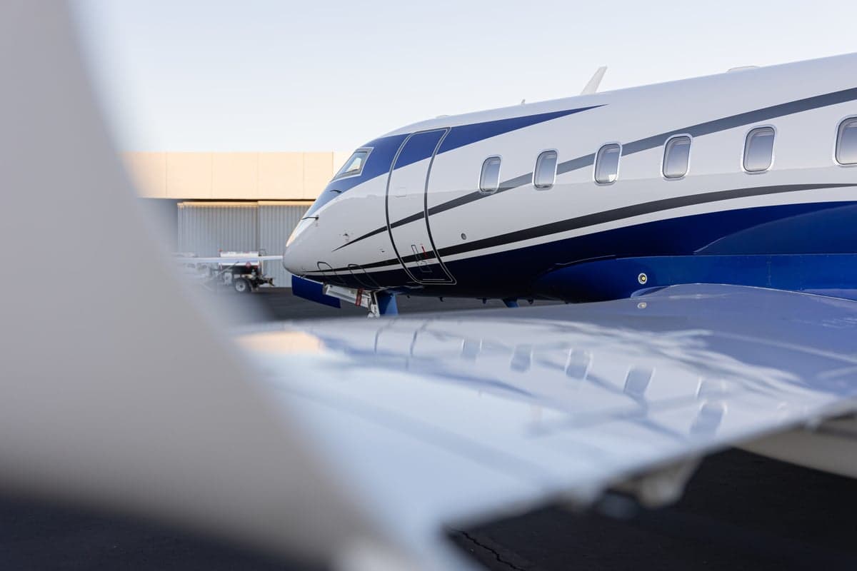 Close-up of a white and blue jet on the tarmac.