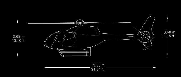A diagram of a helicopter with measurements.