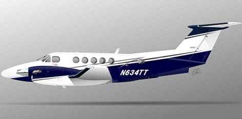Side view of a white and dark blue twin-turboprop aircraft, registration N634TT, against a grey background.